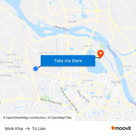 Minh Khai to Tứ Liên map