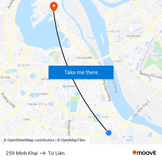 259 Minh Khai to Tứ Liên map