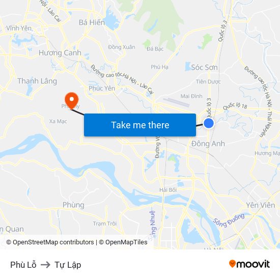 Phù Lỗ to Tự Lập map