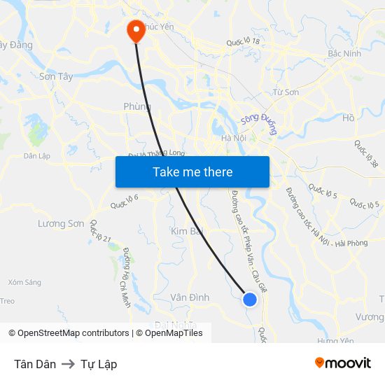 Tân Dân to Tự Lập map