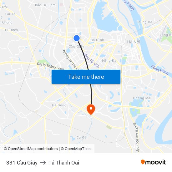 331 Cầu Giấy to Tả Thanh Oai map