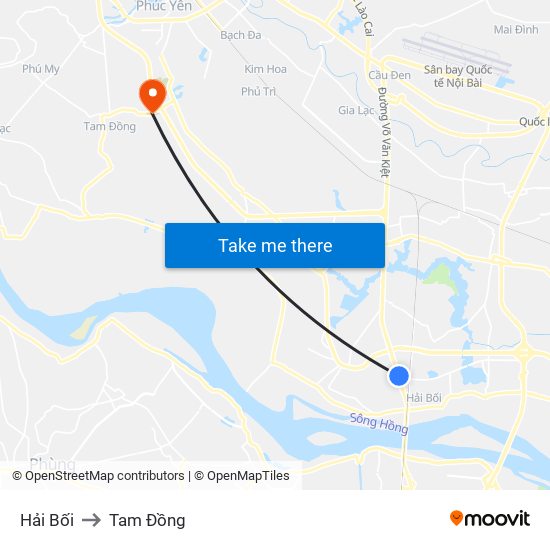 Hải Bối to Tam Đồng map