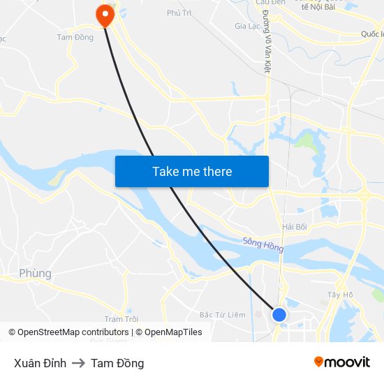 Xuân Đỉnh to Tam Đồng map