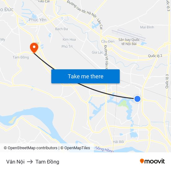Vân Nội to Tam Đồng map