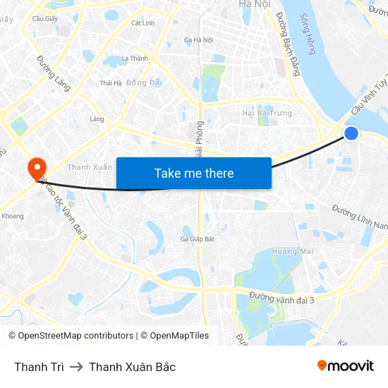 Thanh Trì to Thanh Xuân Bắc map