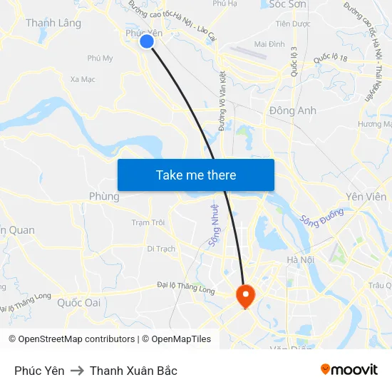 Phúc Yên to Thanh Xuân Bắc map