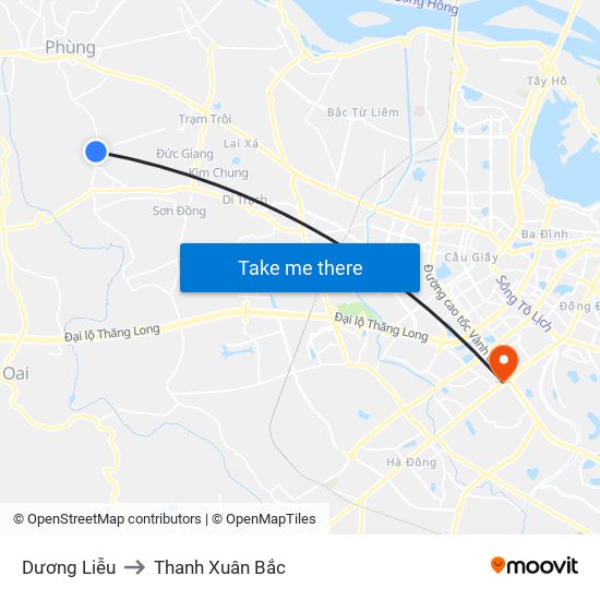 Dương Liễu to Thanh Xuân Bắc map