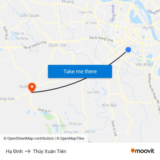 Hạ Đình to Thủy Xuân Tiên map