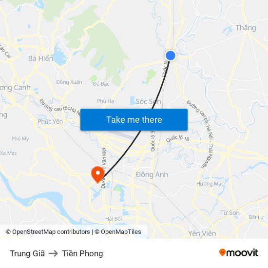 Trung Giã to Tiền Phong map