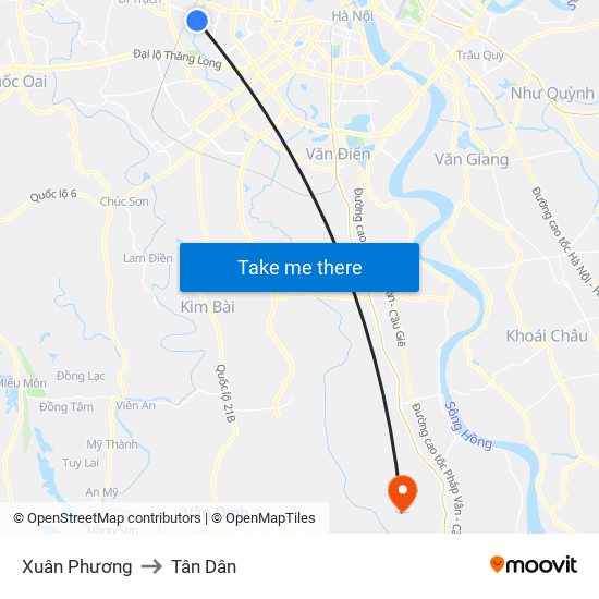 Xuân Phương to Tân Dân map