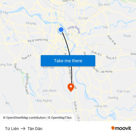 Tứ Liên to Tân Dân map