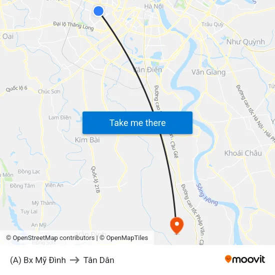 (A) Bx Mỹ Đình to Tân Dân map