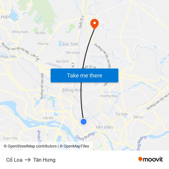 Cổ Loa to Tân Hưng map