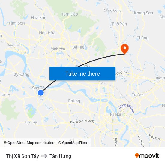 Thị Xã Sơn Tây to Tân Hưng map