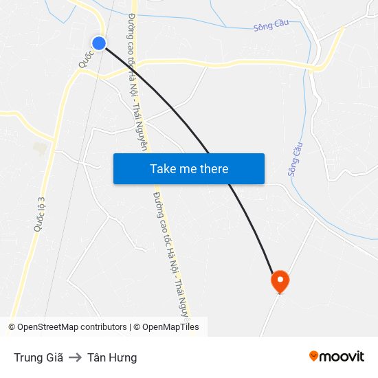 Trung Giã to Tân Hưng map