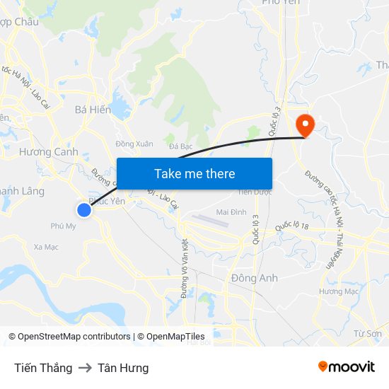 Tiến Thắng to Tân Hưng map