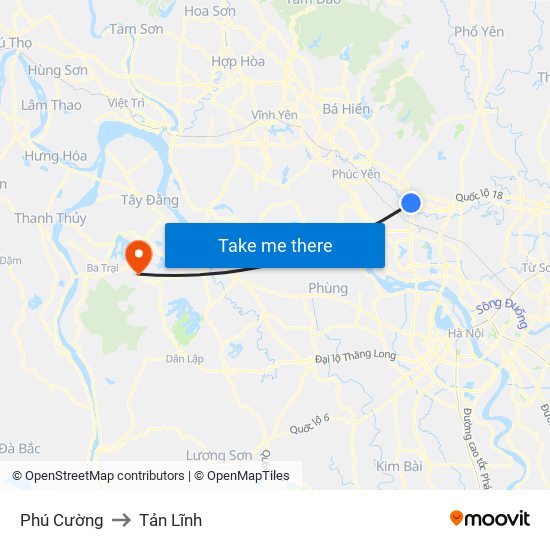 Phú Cường to Tản Lĩnh map