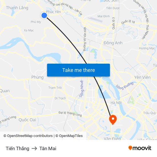 Tiến Thắng to Tân Mai map