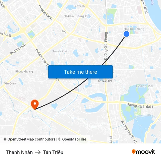 Thanh Nhàn to Tân Triều map