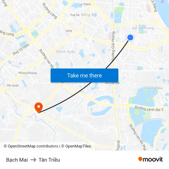 Bạch Mai to Tân Triều map