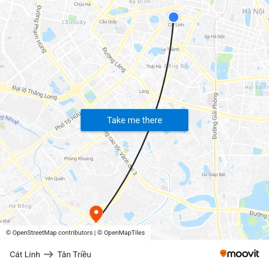 Cát Linh to Tân Triều map