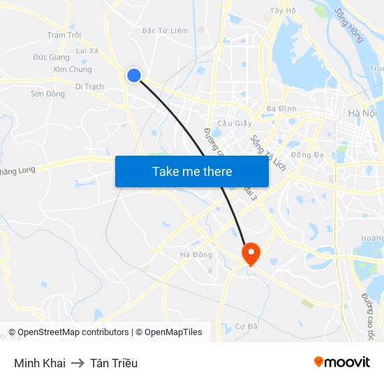 Minh Khai to Tân Triều map