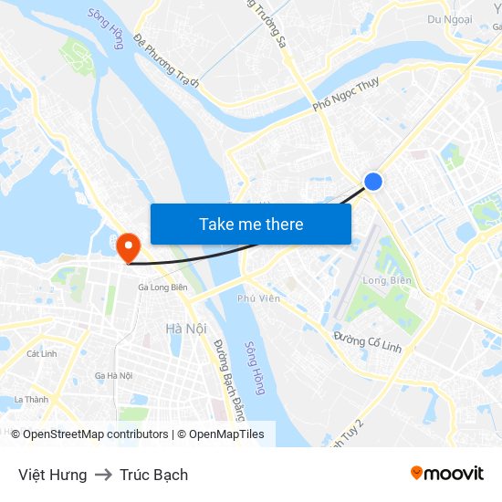 Việt Hưng to Trúc Bạch map