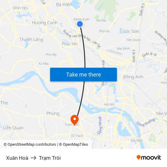 Xuân Hoà to Trạm Trôi map