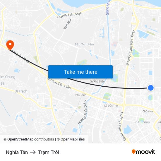 Nghĩa Tân to Trạm Trôi map