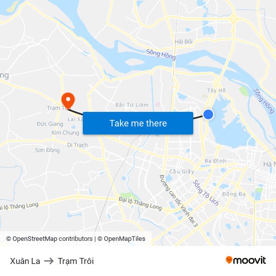 Xuân La to Trạm Trôi map