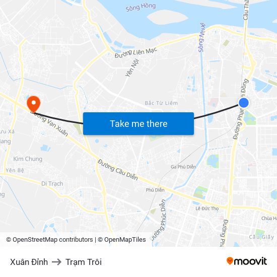 Xuân Đỉnh to Trạm Trôi map