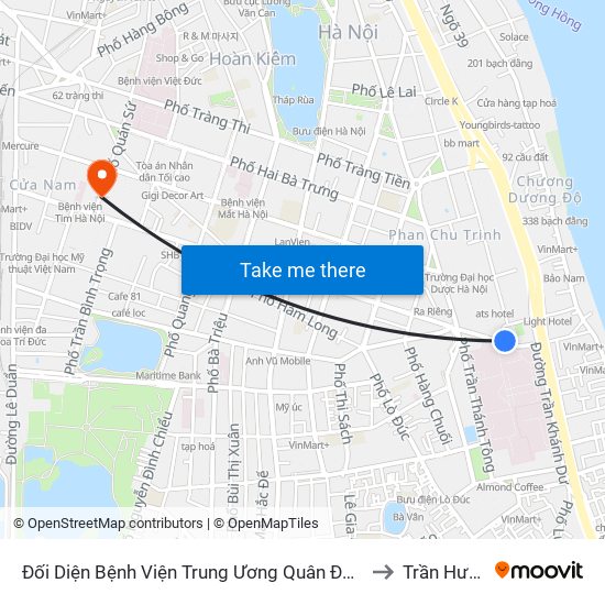 Đối Diện Bệnh Viện Trung Ương Quân Đội 108 - Trần Hưng Đạo to Trần Hưng Đạo map