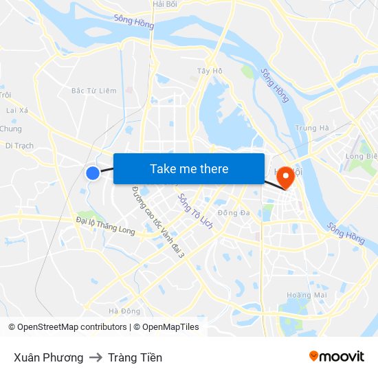 Xuân Phương to Tràng Tiền map