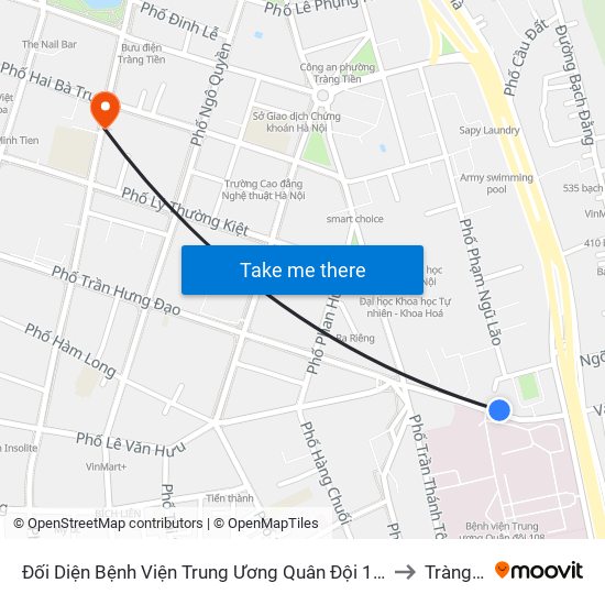 Đối Diện Bệnh Viện Trung Ương Quân Đội 108 - Trần Hưng Đạo to Tràng Tiền map