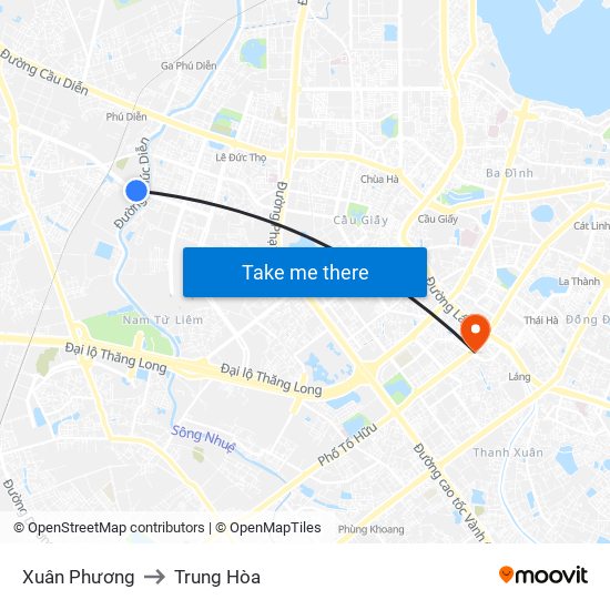 Xuân Phương to Trung Hòa map