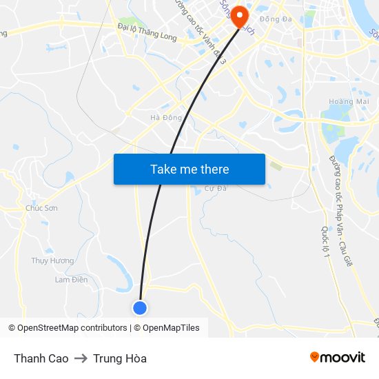 Thanh Cao to Trung Hòa map