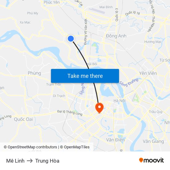 Mê Linh to Trung Hòa map