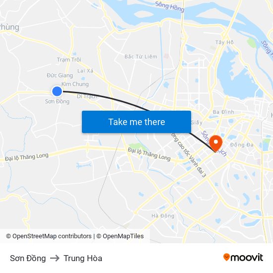 Sơn Đồng to Trung Hòa map