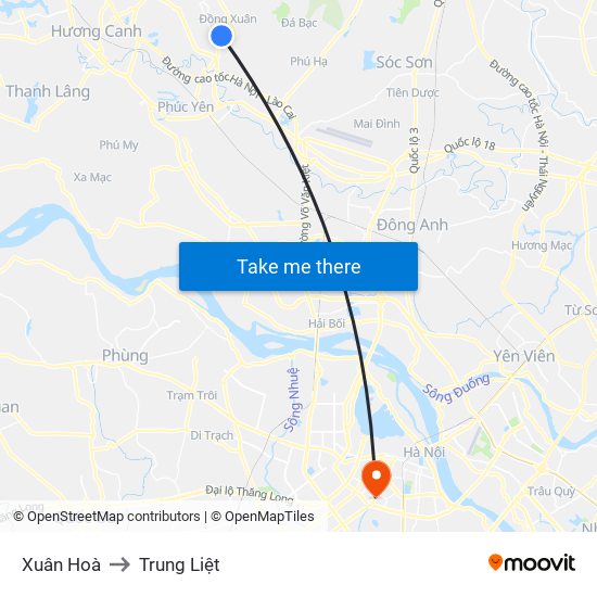 Xuân Hoà to Trung Liệt map