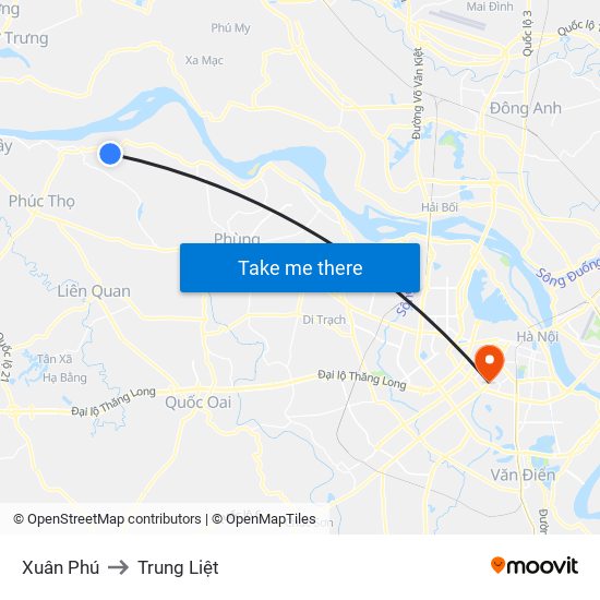 Xuân Phú to Trung Liệt map