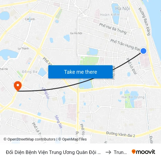 Đối Diện Bệnh Viện Trung Ương Quân Đội 108 - Trần Hưng Đạo to Trung Liệt map