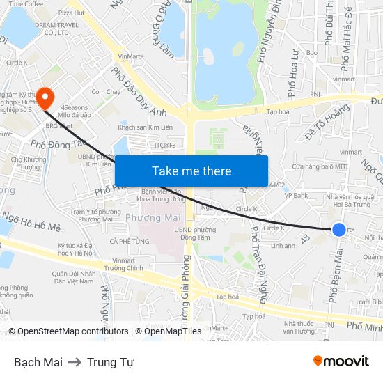 Bạch Mai to Trung Tự map
