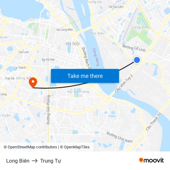 Long Biên to Trung Tự map