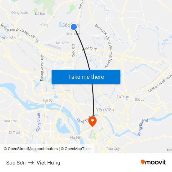 Sóc Sơn to Việt Hưng map