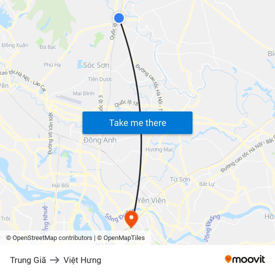 Trung Giã to Việt Hưng map