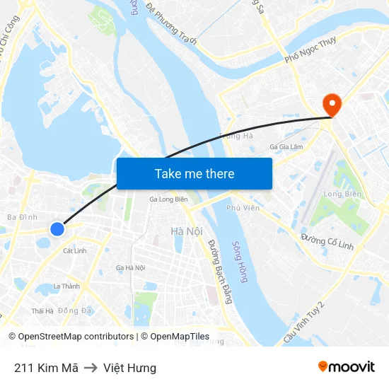 211 Kim Mã to Việt Hưng map