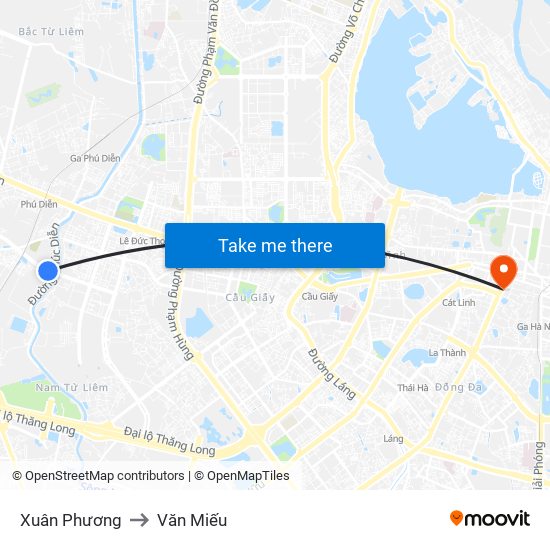 Xuân Phương to Văn Miếu map