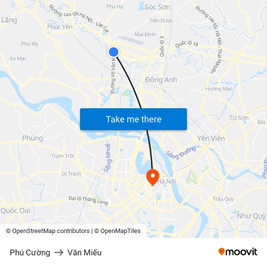 Phú Cường to Văn Miếu map
