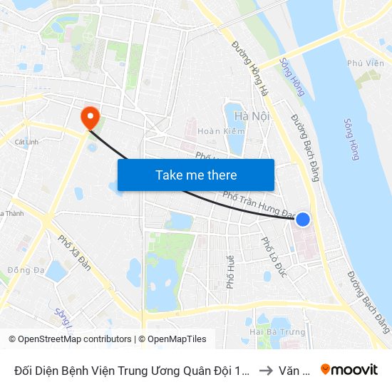 Đối Diện Bệnh Viện Trung Ương Quân Đội 108 - Trần Hưng Đạo to Văn Miếu map