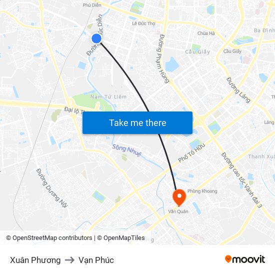 Xuân Phương to Vạn Phúc map